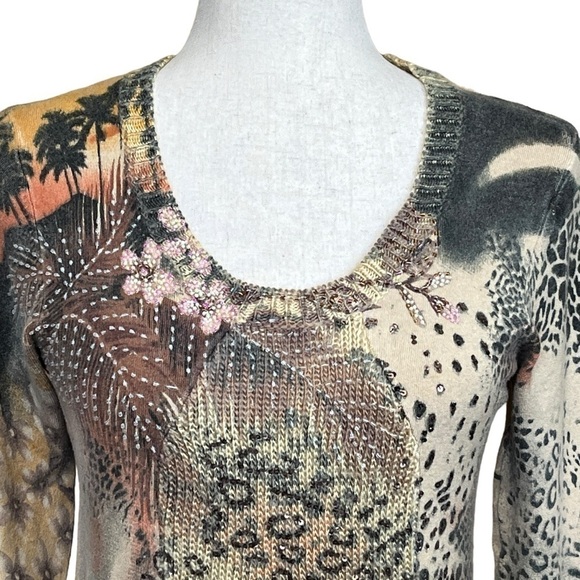 BCBGMazAzria Sequin Floral Animal Print Scoop Sweater. Tan Orange Size S #1284 - Picture 2 of 10